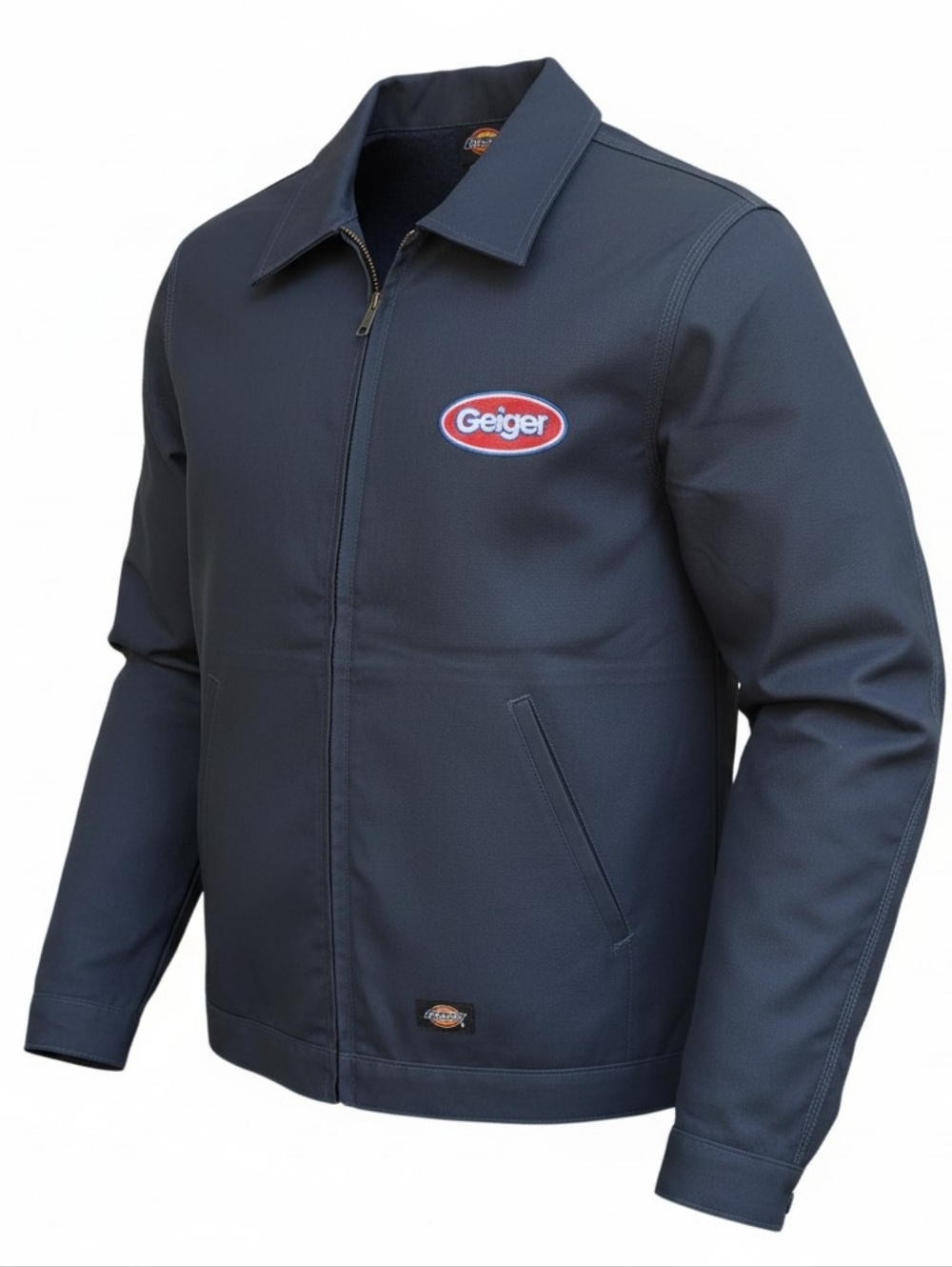 Dickies Work Jacket Mens Large Navy Zip Up Chore Coat Geiger Logo Utility